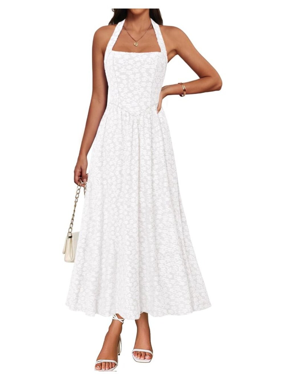 Jacquard Backless Halter Midi Dress with Pockets - Flowy A-Line